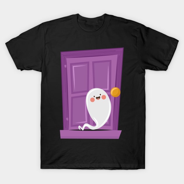 Halloween Ghost In front Door T-Shirt by holidaystore